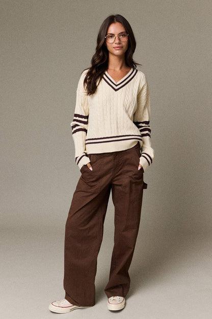 Valentina Cable Knit V-Neck Varsity Sweater