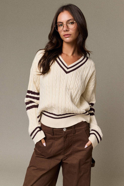 Valentina Cable Knit V-Neck Varsity Sweater