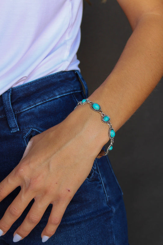 Silver & Oval Turquoise Link Bracelet w/ Toggle Clasp