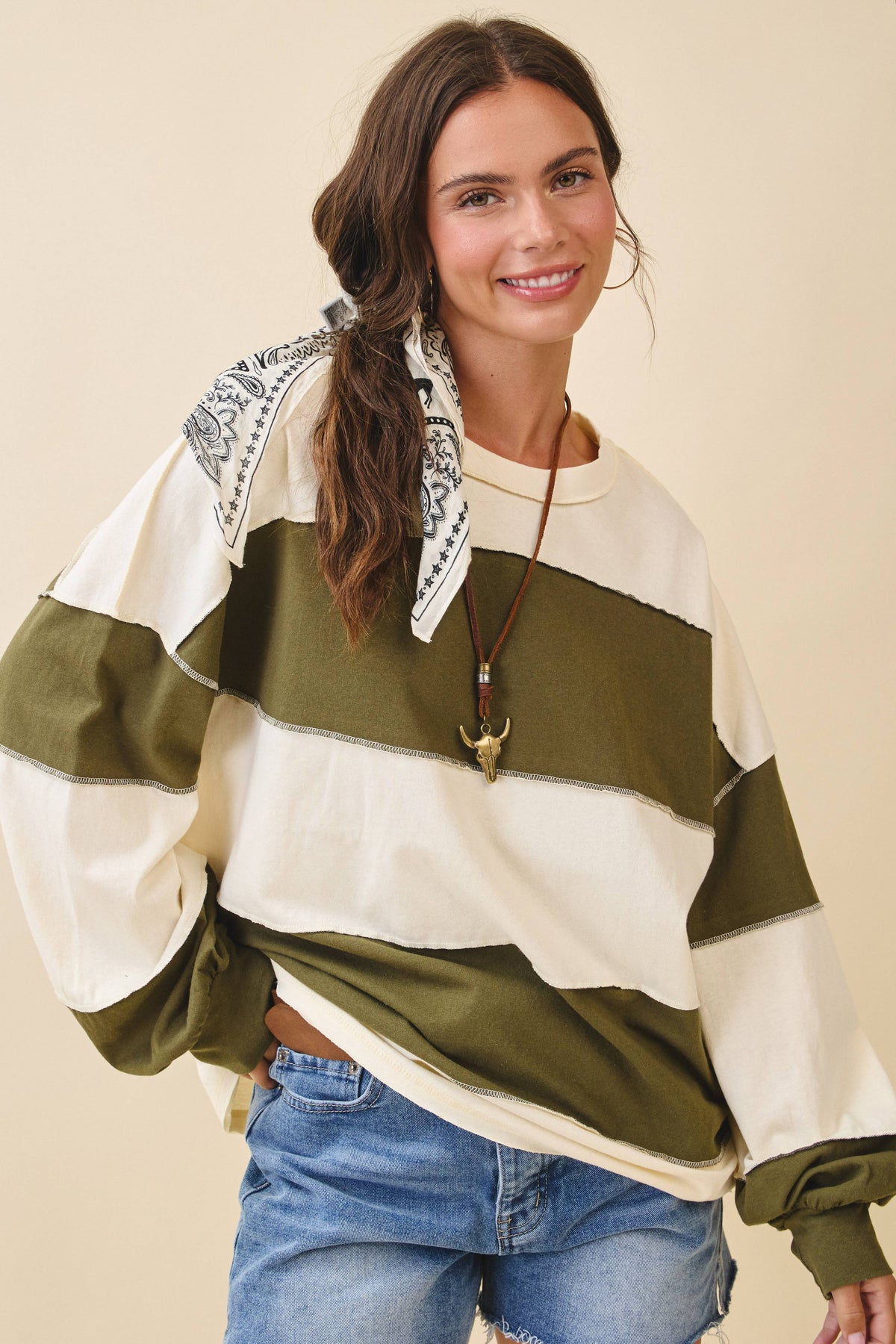 8551GN Oversized Color Block Long Sleeve Pullover: White Brownie / Contemporary / M