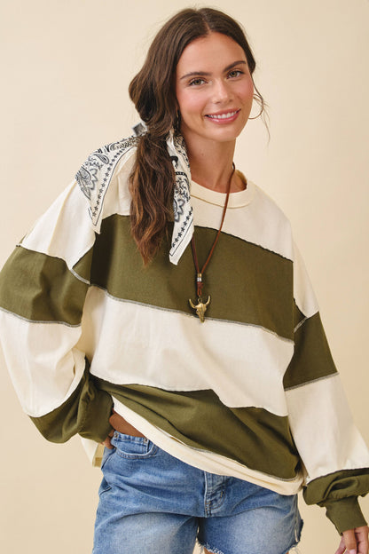 8551GN Oversized Color Block Long Sleeve Pullover: White Brownie / Contemporary / M