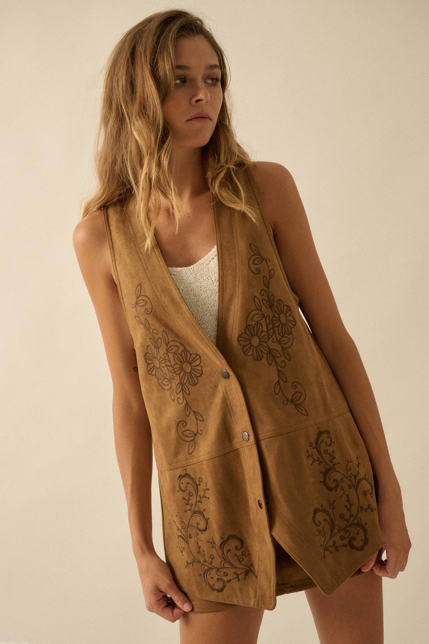 Floral-Embroidered Faux Suede Vest