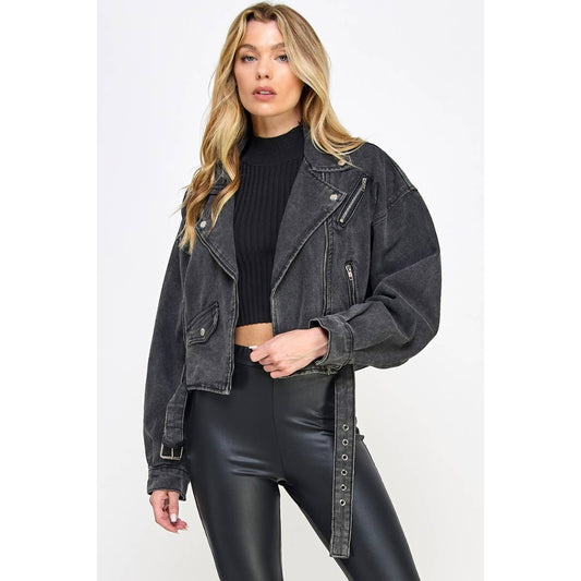 Black Wash Denim Biker Jacket