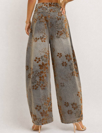 Floral Print Fleece Lined Wide Leg Denim Pants