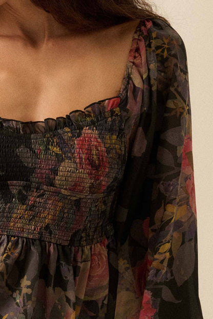 Floral-Print Smocked Sweetheart Peplum Top
