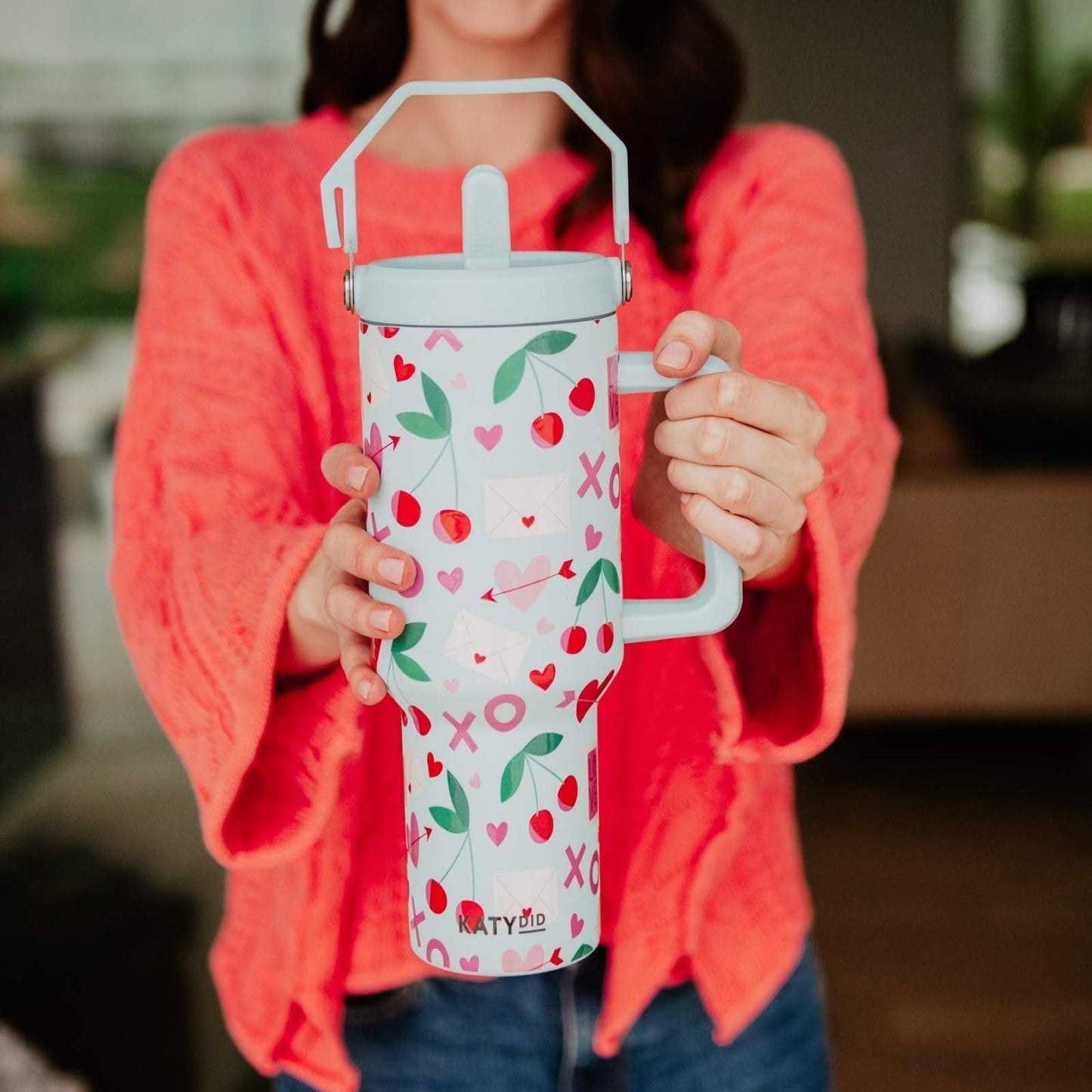 XO Cherries Valentine's Day Tumbler with Lid Handle: Mint