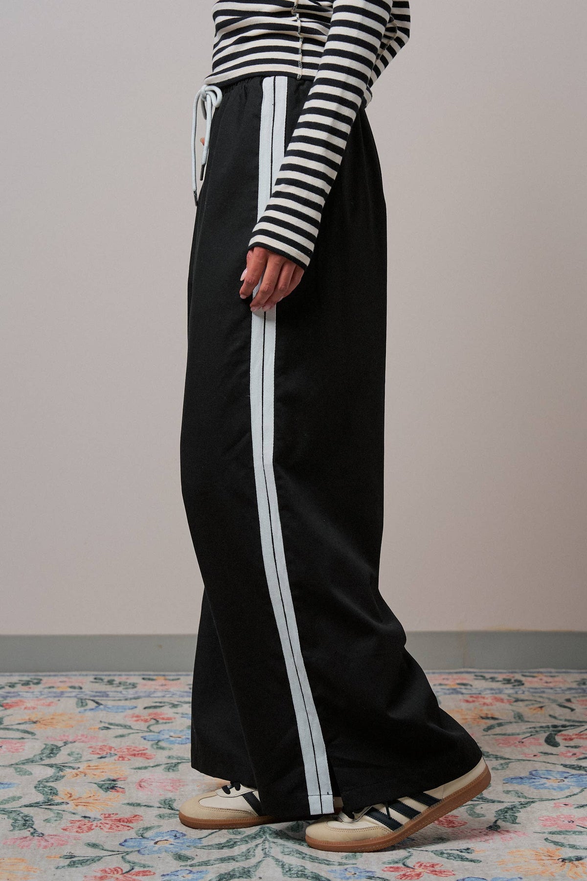 Wide Leg Side Stripe Linen Track Pant