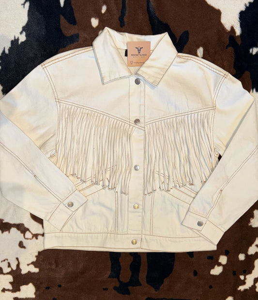 White Denim Fringe Jacket
