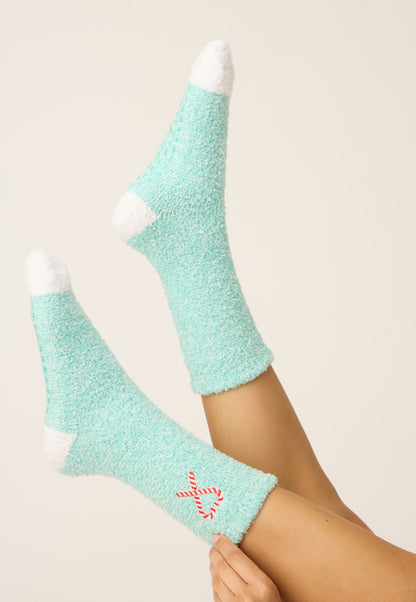 Teal Candy Cane Fuzzy Crew Socks