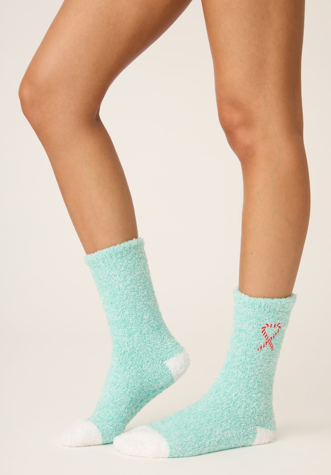 Teal Candy Cane Fuzzy Crew Socks