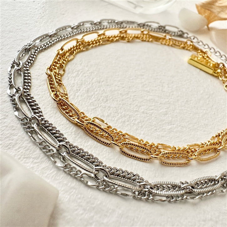 "Nanaimo" Triple Layer Textured Chain Bracelet in Gold and Silver