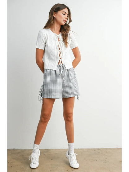 Scalloped Tie-Front Pointelle Knit Top