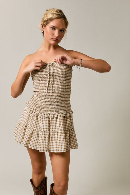 SMOCKED BODICE LOW WAIST TUBE DRESS