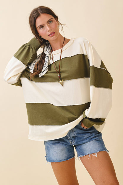 8551GN Oversized Color Block Long Sleeve Pullover: White Brownie / Contemporary / M