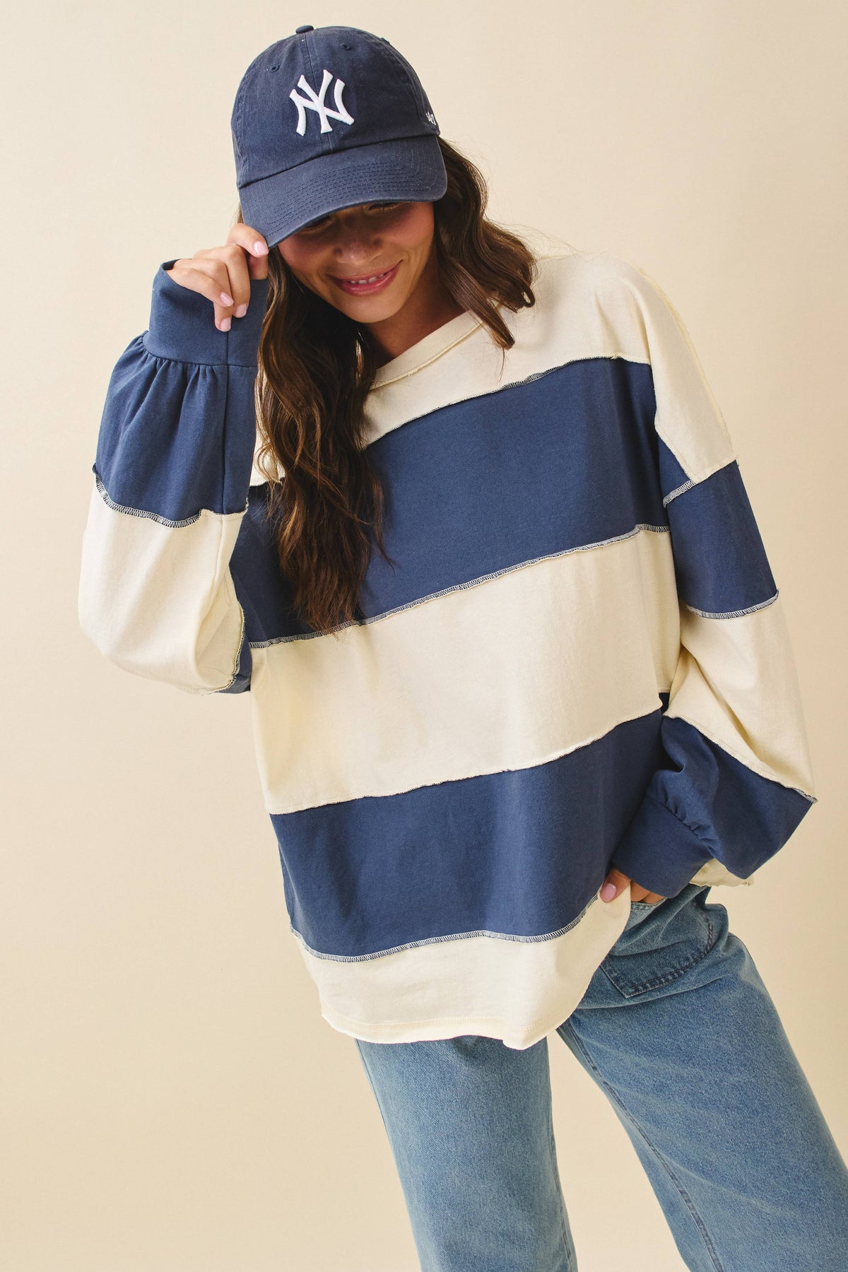 8551GN Oversized Color Block Long Sleeve Pullover: White Brownie / Contemporary / M