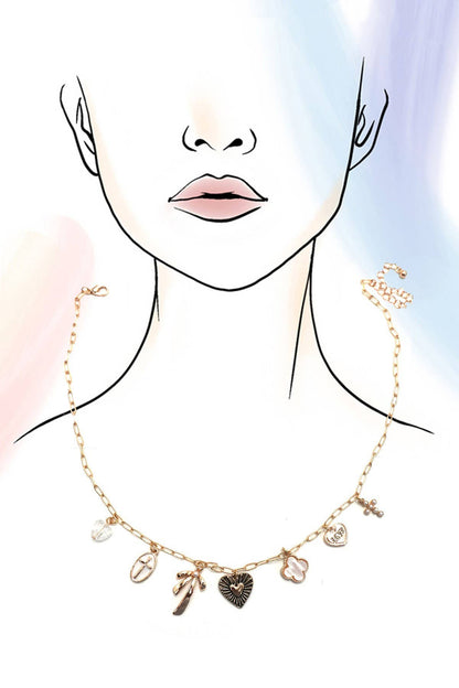 CHARM NECKLACE-CLOVER BOW CROSS HEART