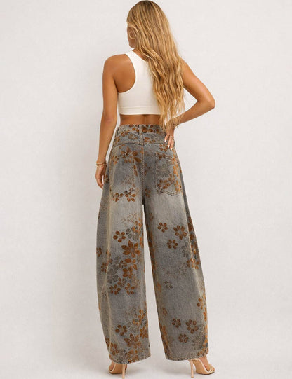 Floral Print Fleece Lined Wide Leg Denim Pants