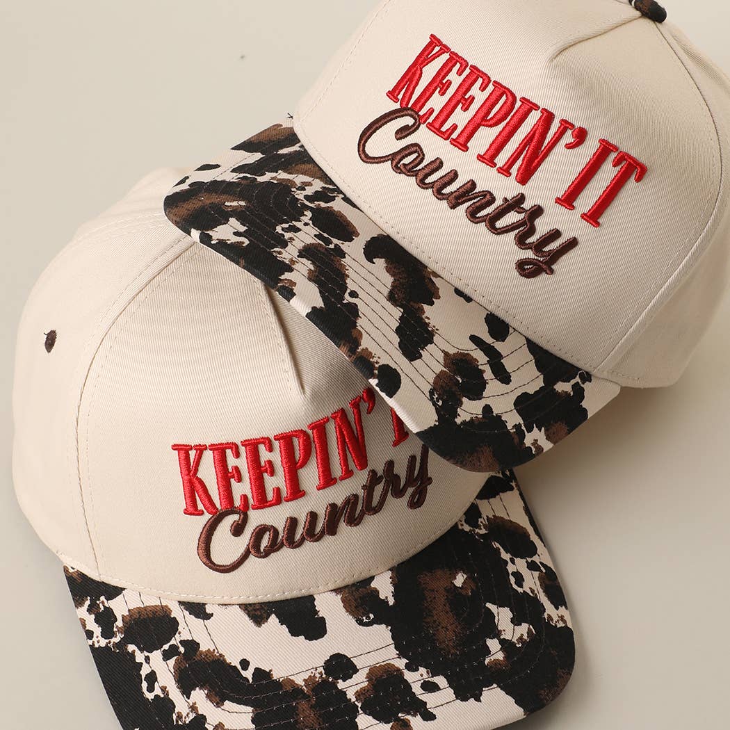 Keepin' It Country Embroidered Cow Print Brim Trucker Hat