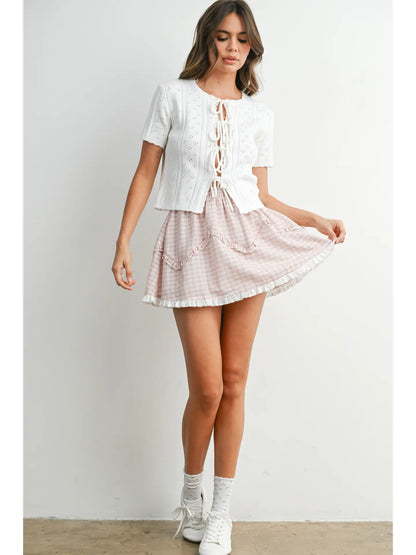 Scalloped Tie-Front Pointelle Knit Top