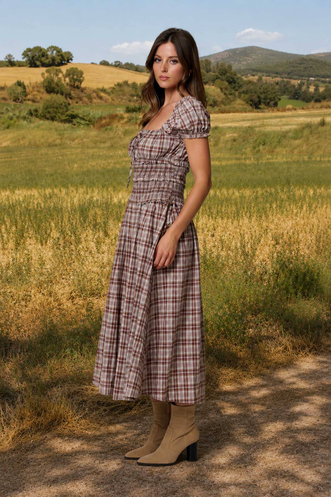 Smocked Waist Plaid Midi Dress