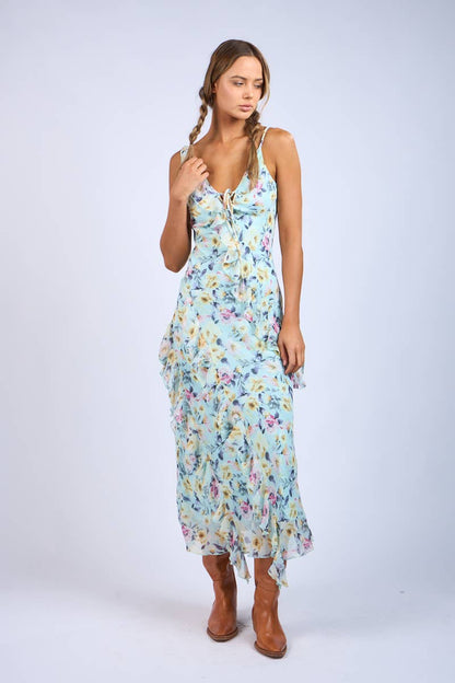 Floral Unbalanced Strap Maxi Dress