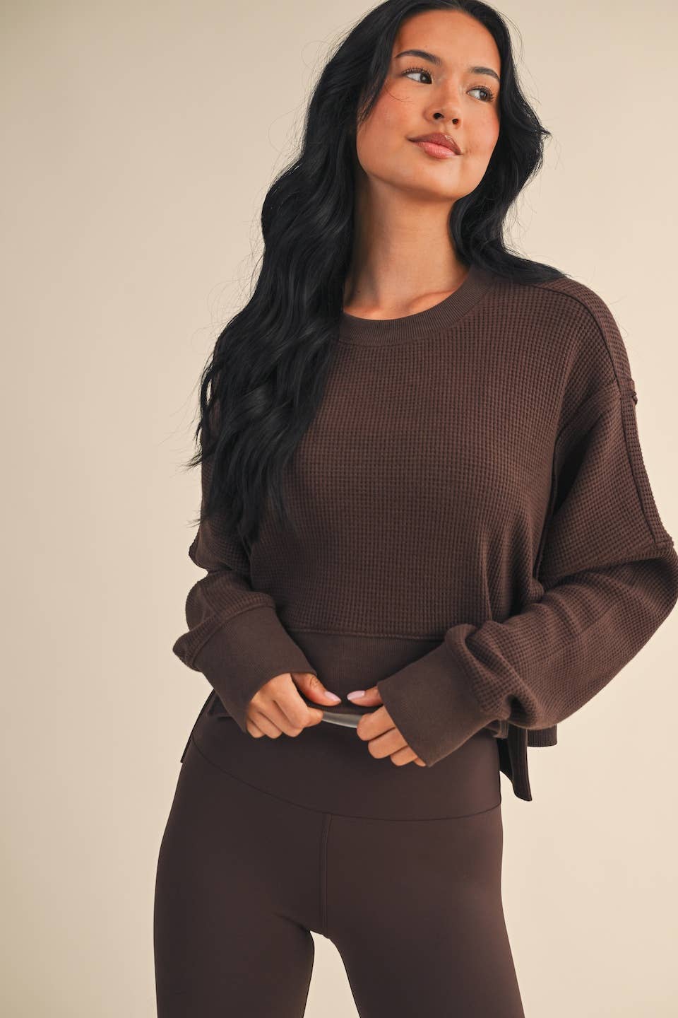 Cropped Waffle Knit Oversized Long Sleeve