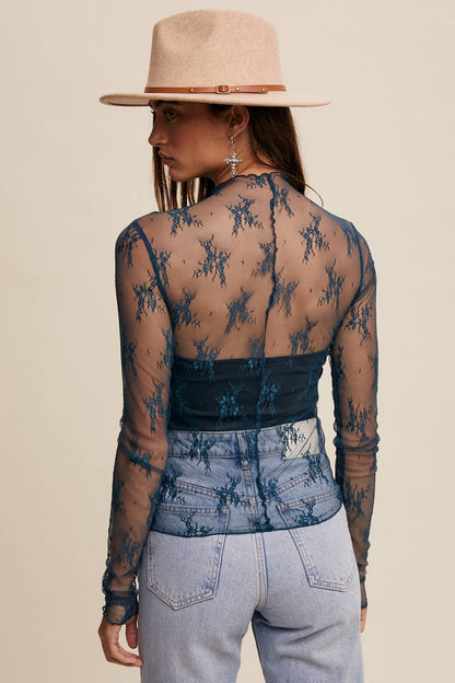 Sheer Lace Long-Sleeve Top Teal
