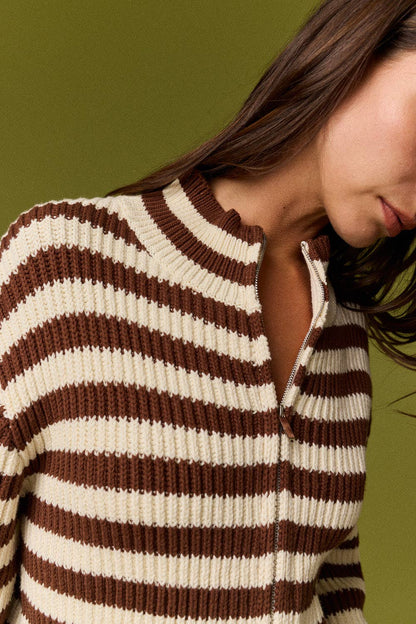 Marissa Rib Knit Striped Zip-Up Cardigan
