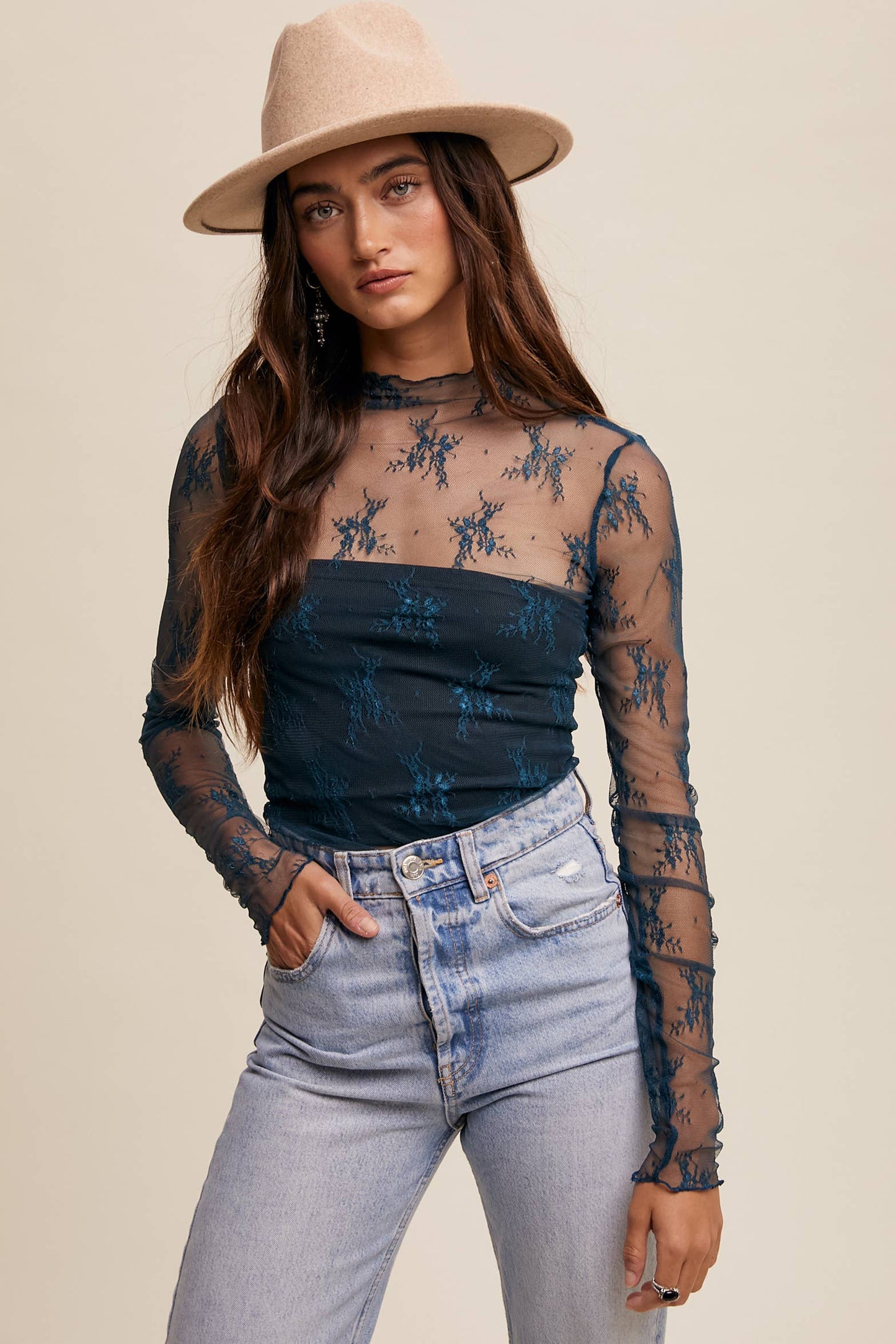 Sheer Lace Long-Sleeve Top Teal