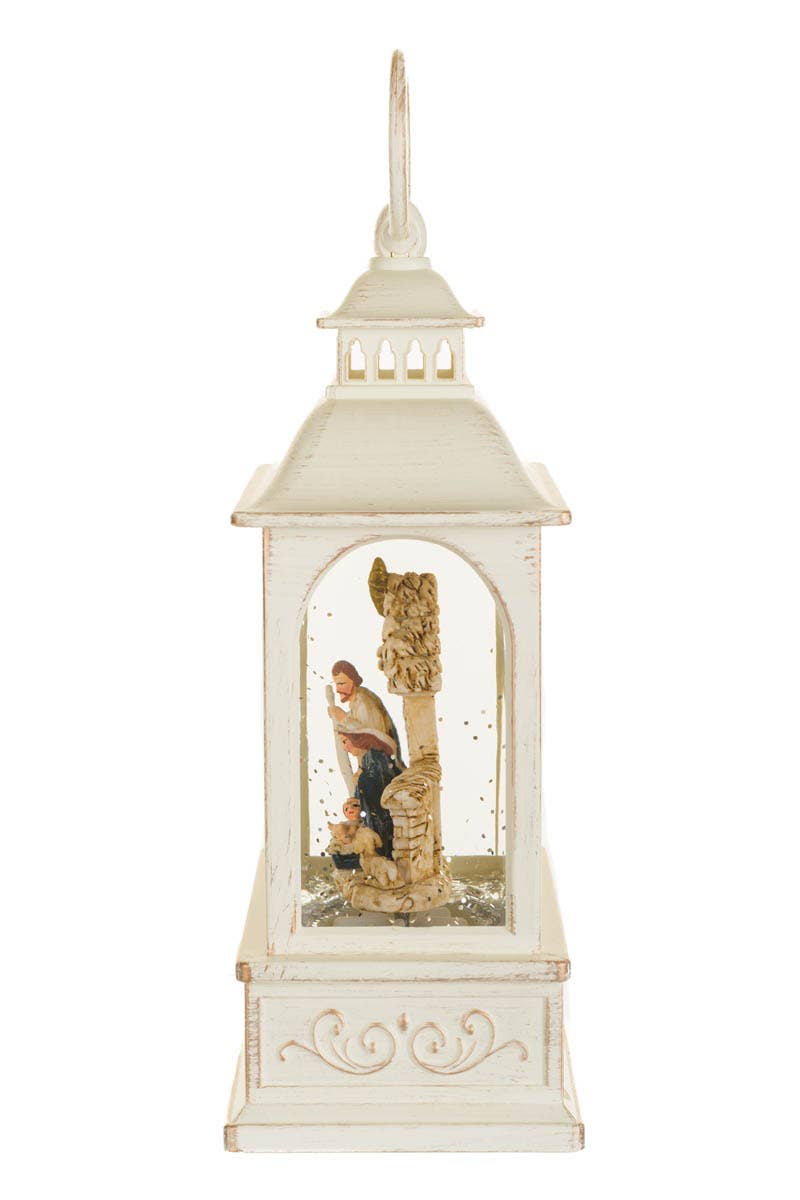 Musical White Led Lantern Snow Globe With Nativity Scene