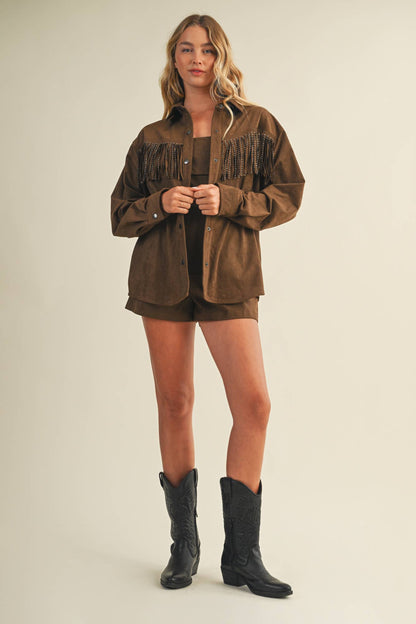 Brown Studded Fringe Suede Jacket