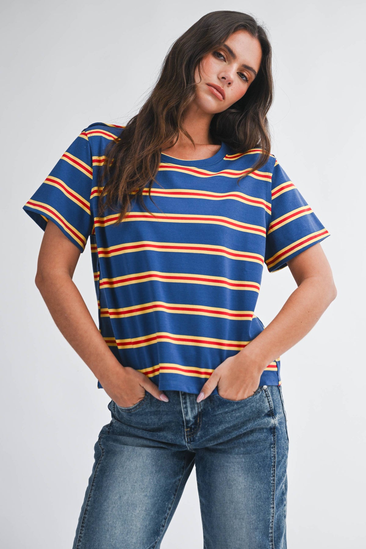 Striped Boxy Short Sleeve Tee - Navy