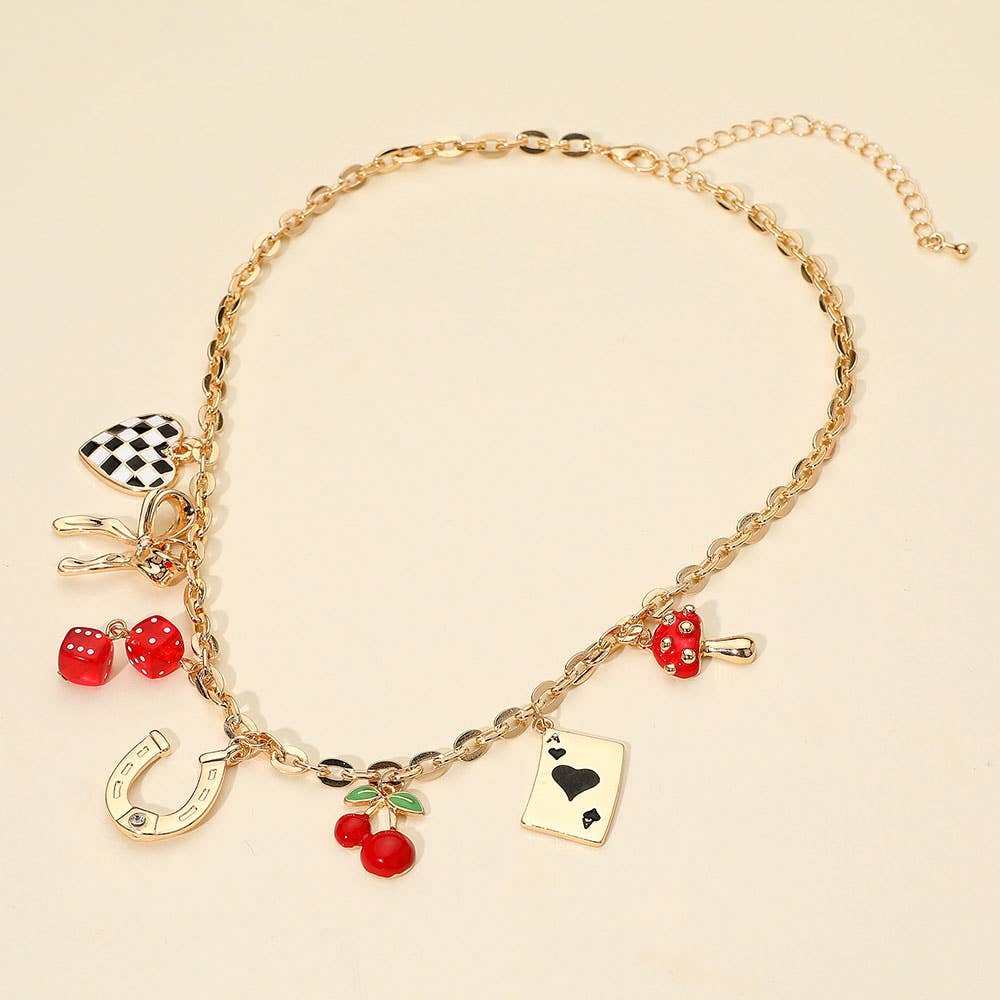 Casino Card Heart Bow Horseshoe Cherry Mushroom Charm Station Necklace