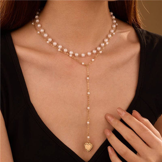 Layered Pearl Y-Necklace with Heart Pendant
