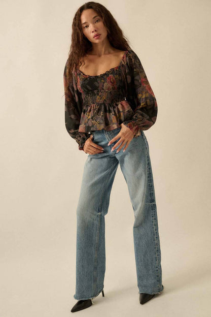 Floral-Print Smocked Sweetheart Peplum Top