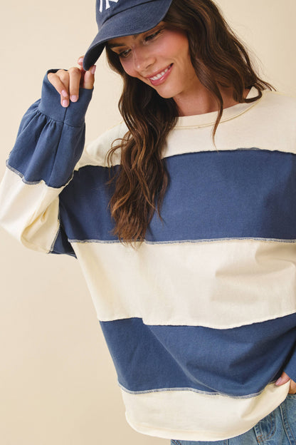 8551GN Oversized Color Block Long Sleeve Pullover: White Brownie / Contemporary / M