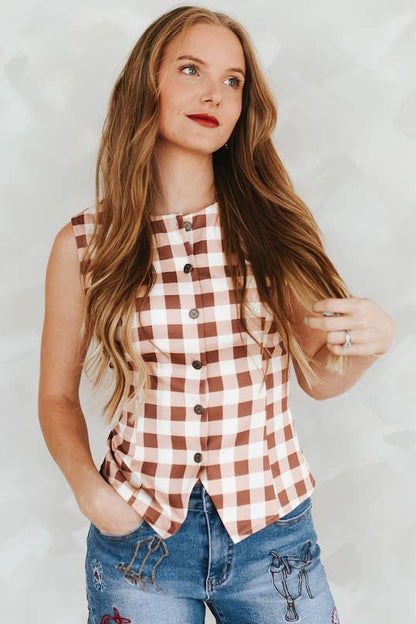 Sierra Gingham Sleeveless Button-Up Vest