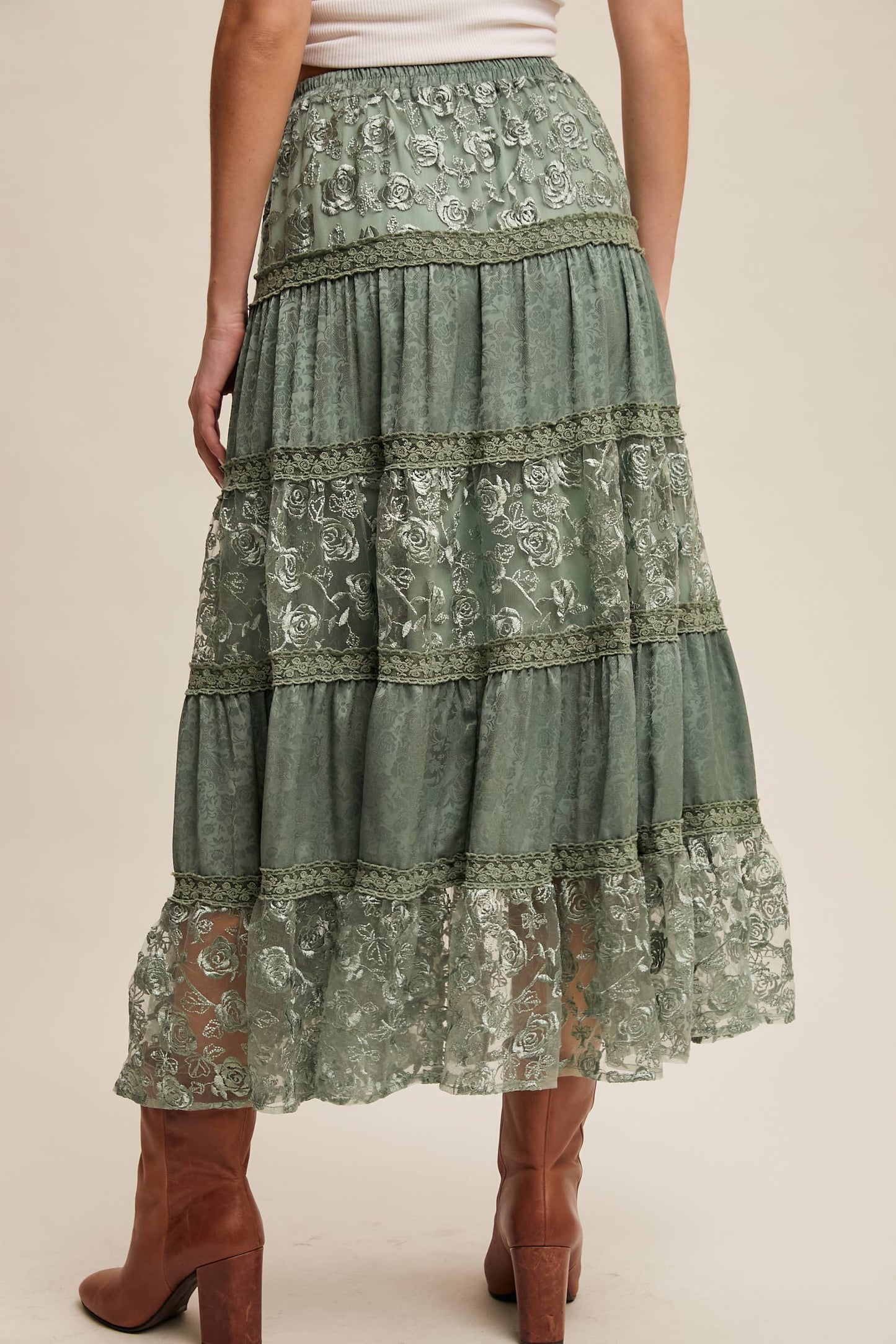 Floral Embroidered Tiered Maxi Skirt