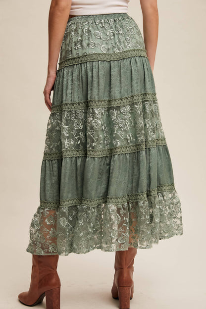 Floral Embroidered Tiered Maxi Skirt