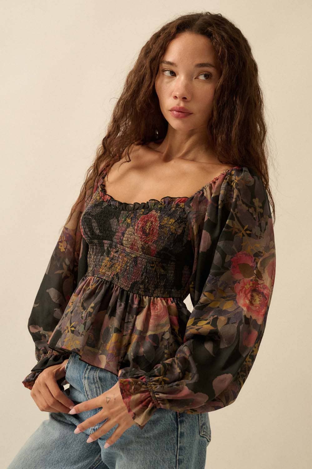 Floral-Print Smocked Sweetheart Peplum Top