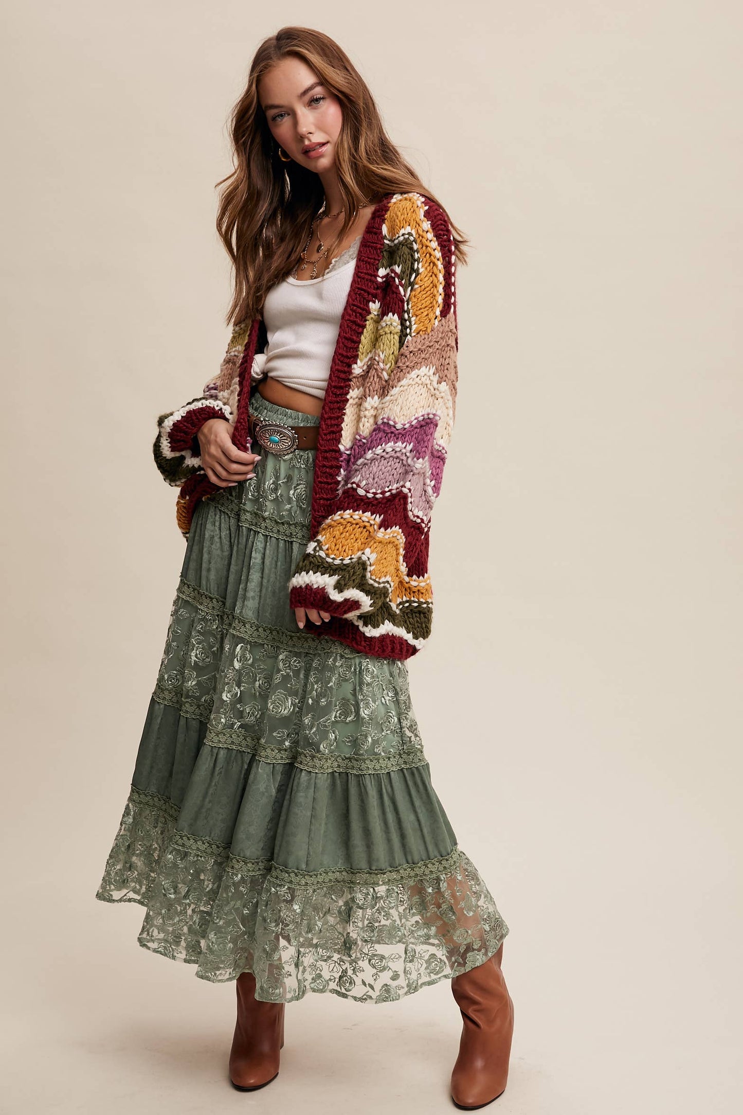 Floral Embroidered Tiered Maxi Skirt