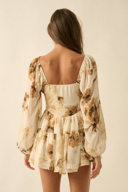 Floral Bubble-Sleeve Tiered Romper