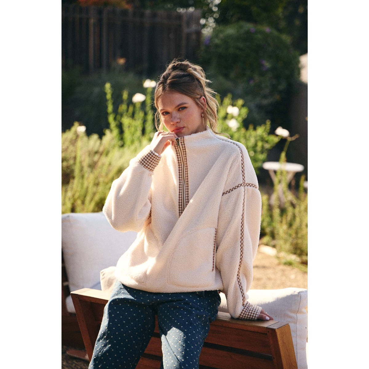 CABIN GINGHAM TRIM FLEECE HALF-ZIP PULLOVER
