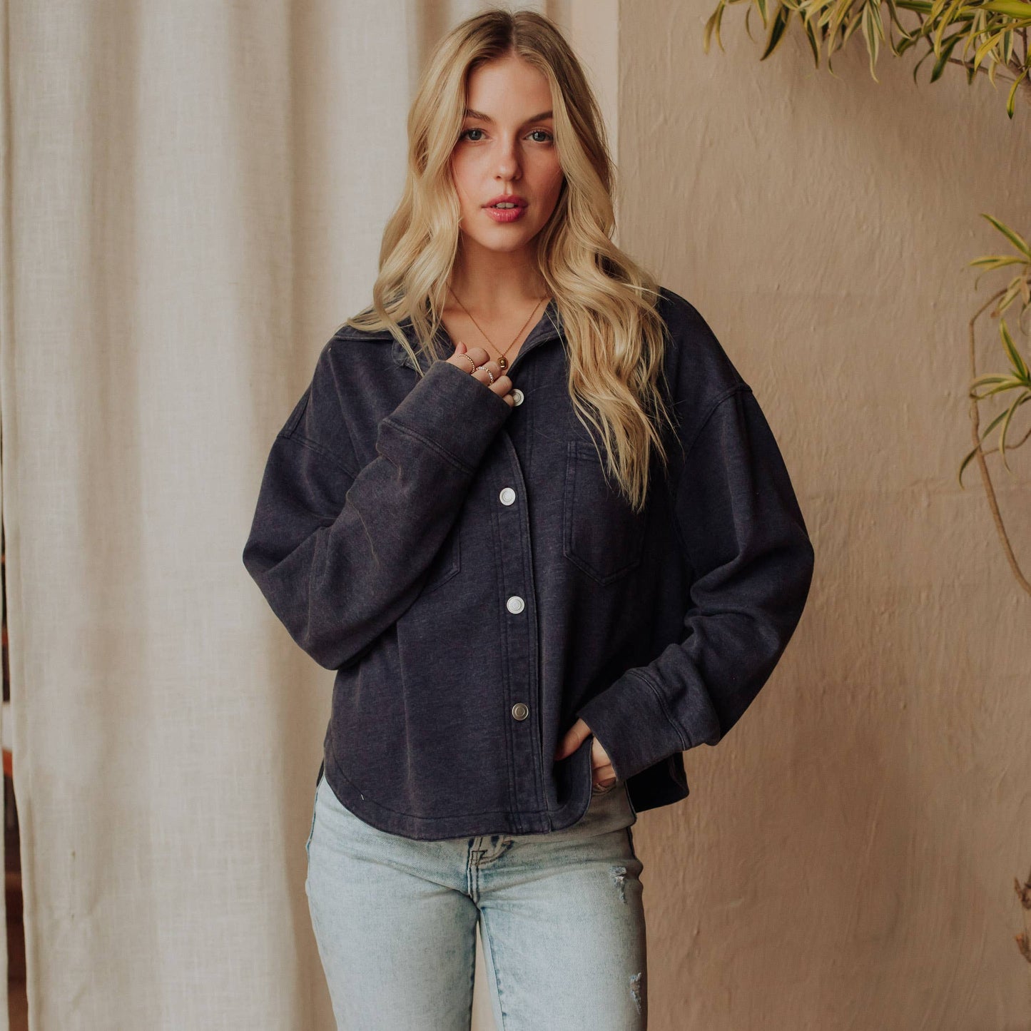 Navy Cropped Washed Soft Button Up