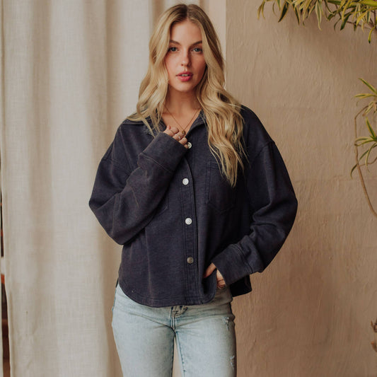 Navy Cropped Washed Soft Button Up