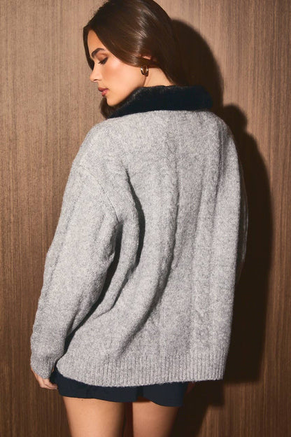 Cable Knit Fur Collar Cardigan