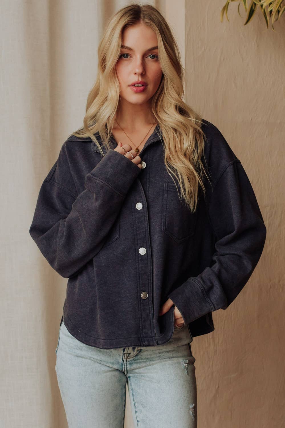 Navy Cropped Washed Soft Button Up