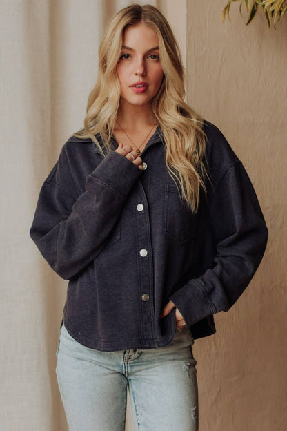 Navy Cropped Washed Soft Button Up