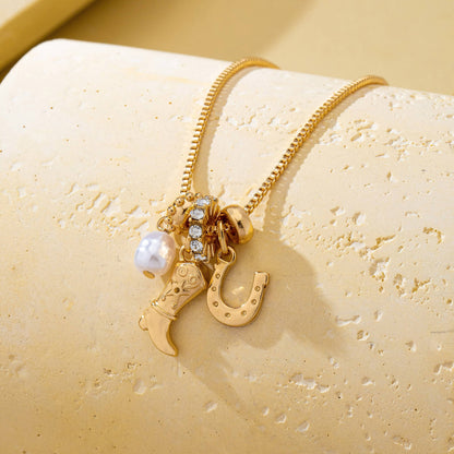 Western Boot Horseshoe Pearl Charm Necklace