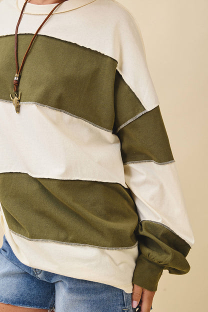 8551GN Oversized Color Block Long Sleeve Pullover: White Brownie / Contemporary / M